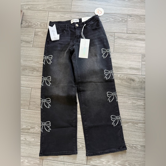 GOGO Jeans|Black Wide Leg Jeans with Pearl White Embroidered bows,Balletcore••• - Picture 3 of 16